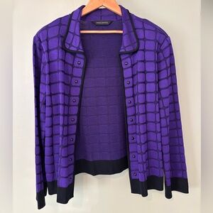 Ming Wang Purple Square Print Open Front Cardigan Work Jacket with Collar XL